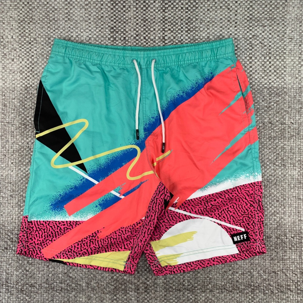 Neff Swim Trunks Mens Medium Multicolor Retro 90s Abstract Geometric Shorts